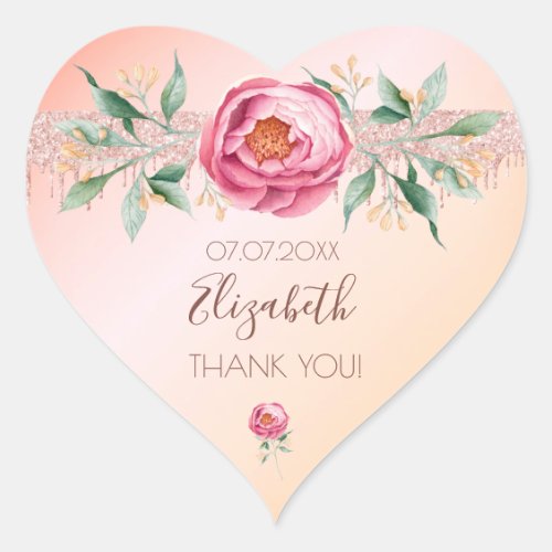Birthday blush pink rose floral glitter thank you heart sticker