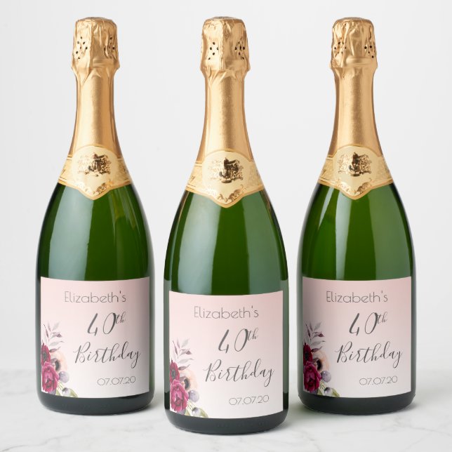Birthday blush pink rose gold floral sparkling wine label (Bottles)