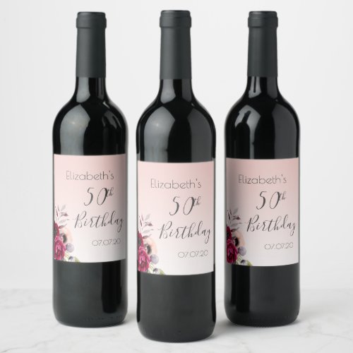 Birthday blush pink rose gold floral wine label