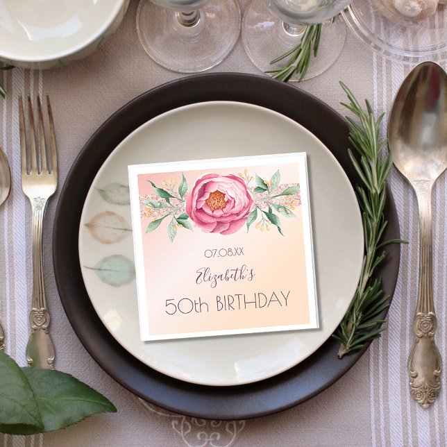 Birthday blush pink rose gold glitter florals napkins (Creator Uploaded)
