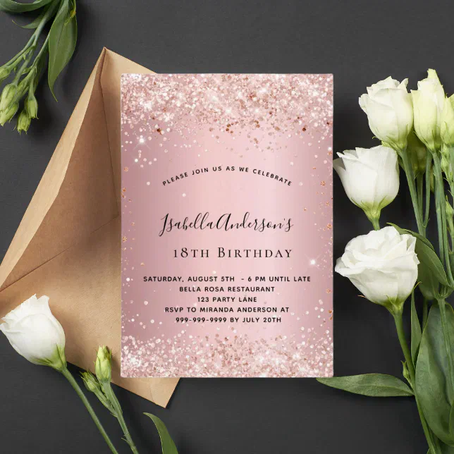 Birthday blush pink rose gold glitter invitation | Zazzle