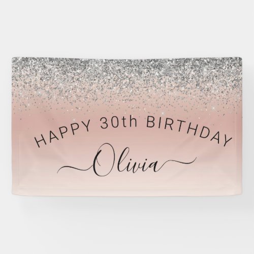 Birthday Blush Pink Rose Gold Silver Glitter Girly Banner