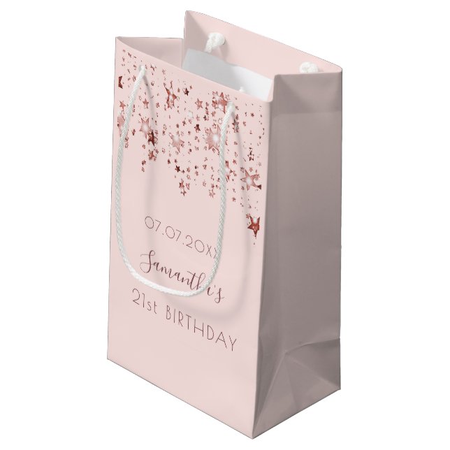 Birthday blush pink rose gold stars monogram small gift bag (Back Angled)