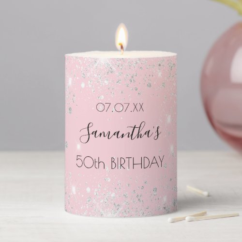 Birthday blush pink silver glitter dust name pillar candle