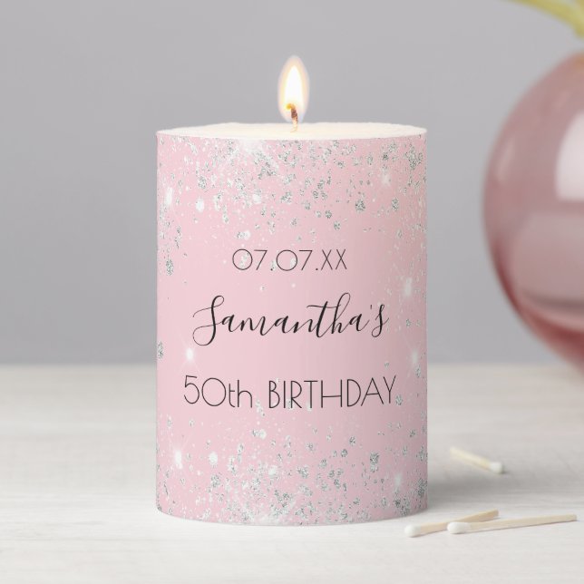 Birthday blush pink silver glitter dust name pillar candle (In Situ)
