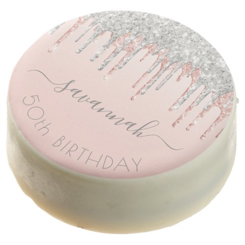 Birthday blush pink silver rose gold glitter glam chocolate covered oreo