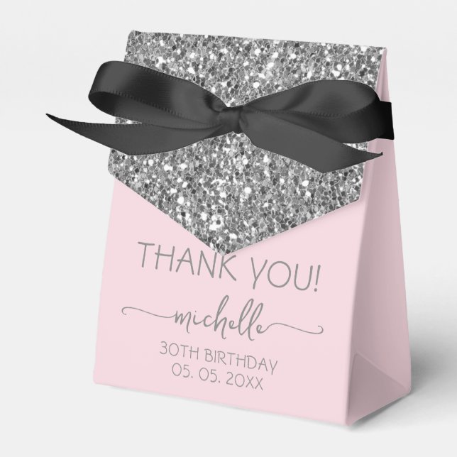 Birthday Blush Pink Thank You Silver Monogram Favor Boxes (Front Side)