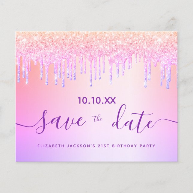 Birthday blush purple glitter budget save the date flyer (Front)