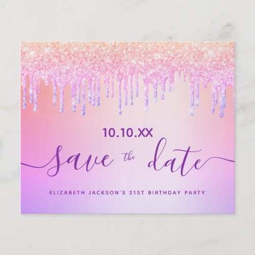 Birthday blush purple glitter budget save the date flyer