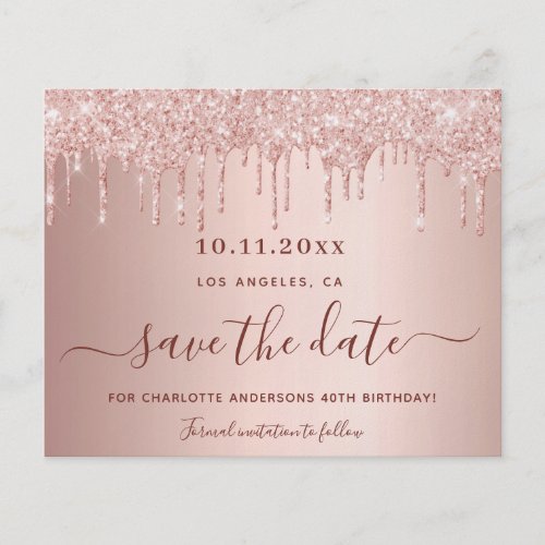 Birthday blush rose glitter budget Save the Date Flyer