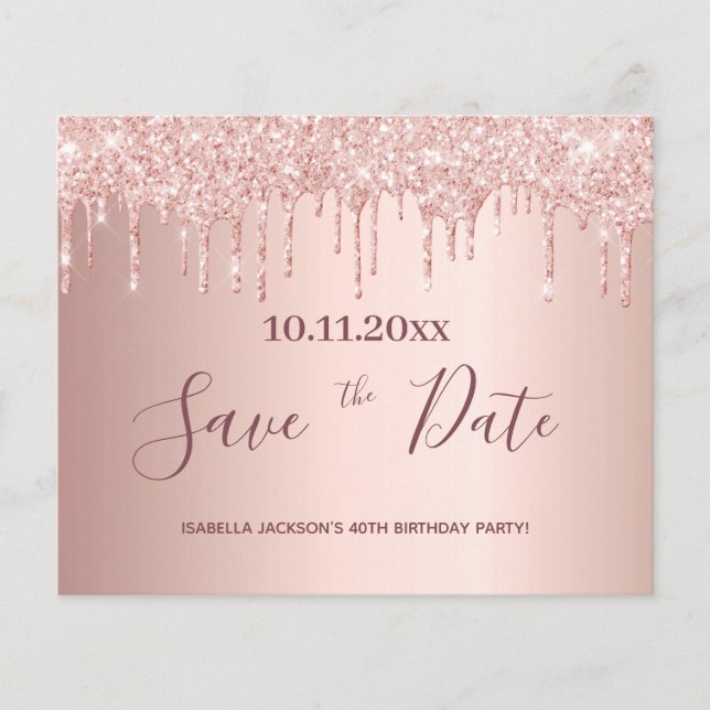 Birthday blush rose glitter budget Save the Date Flyer (Front)