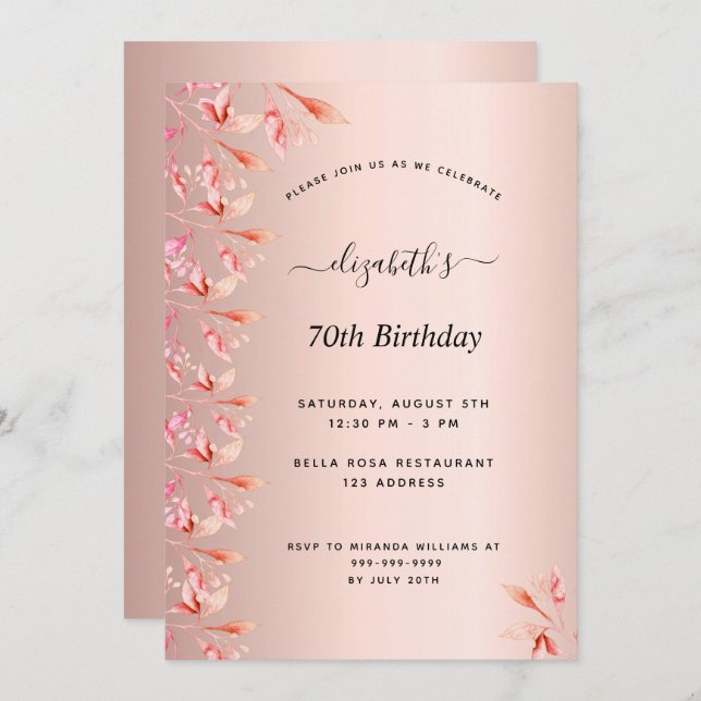 Birthday blush rose gold florals  invitation (Front/Back)
