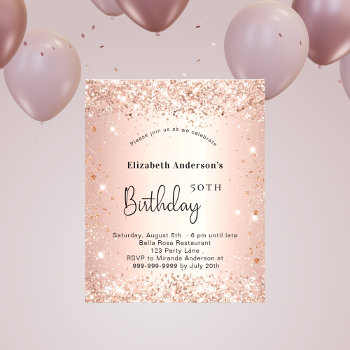 Birthday Blush Rose Gold Glitter Budget Invitation Flyer by Thunes at Zazzle