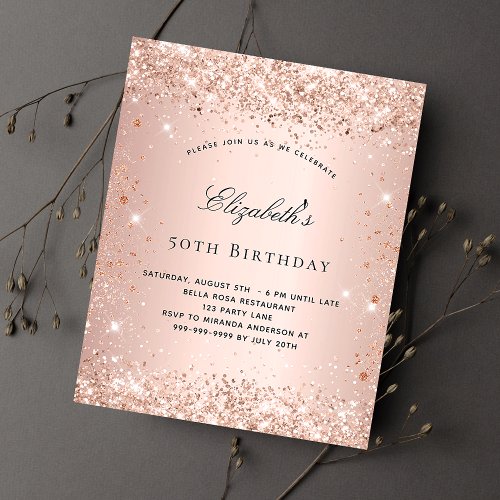 Birthday blush rose gold glitter budget invitation flyer