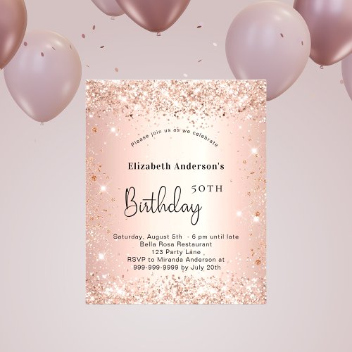 Birthday blush rose gold glitter budget invitation flyer
