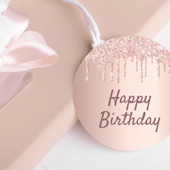 Birthday Blush Rose Gold Glitter Drips Classic Round Sticker | Zazzle