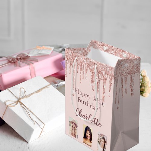Birthday blush rose gold glitter drips photo  medium gift bag