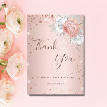 Birthday blush rose gold glitter dust florals thank you card<br><div class="desc">A thank you card for a 50th (or any age) birthday. A rose gold faux metallic looking background color. Decorated with rose gold and white florals and faux glitter dust. On front, a large hand lettered script and the text: Thank You, your text, title and a date. Back: personalize and...</div>