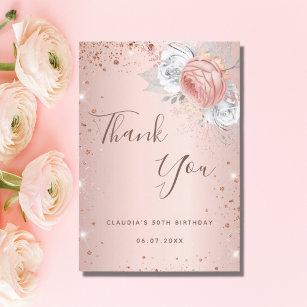 Birthday blush rose gold glitter dust florals thank you card