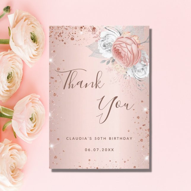 Birthday blush rose gold glitter dust florals thank you card (Creator Uploaded)