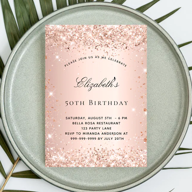 Birthday Blush Rose Gold Glitter Elegant Script Invitation Zazzle