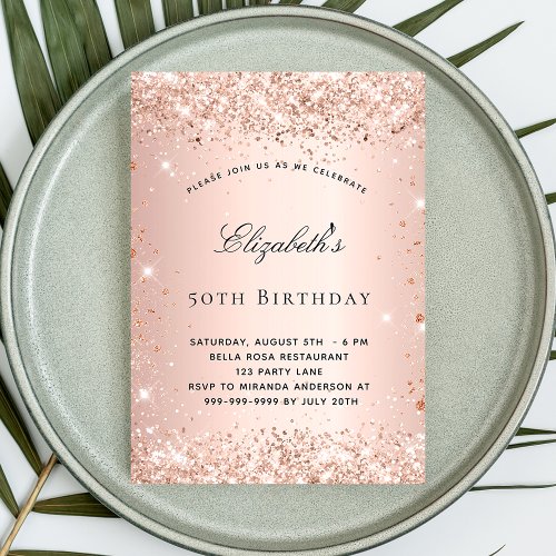 Birthday blush rose gold glitter elegant script invitation postcard