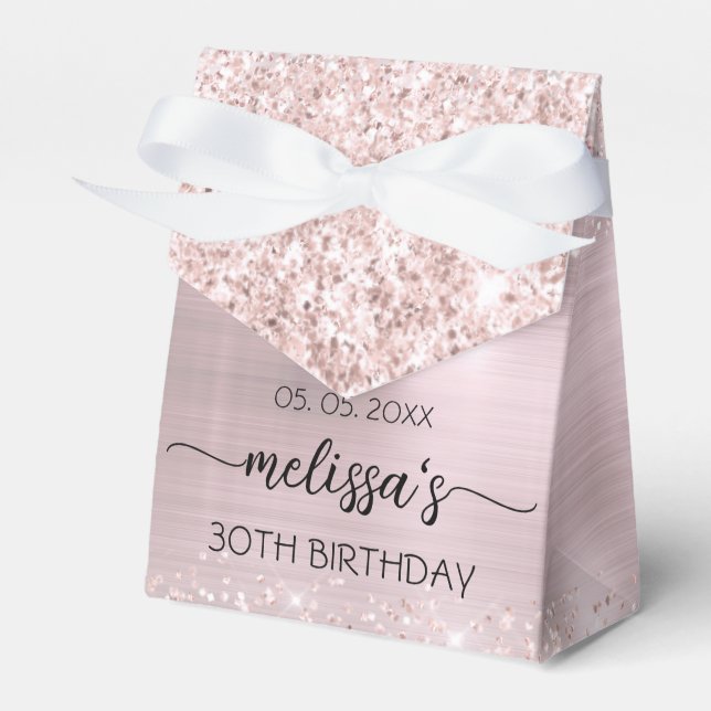 Birthday Blush Rose Gold Glitter Monogram Name Favor Boxes (Front Side)