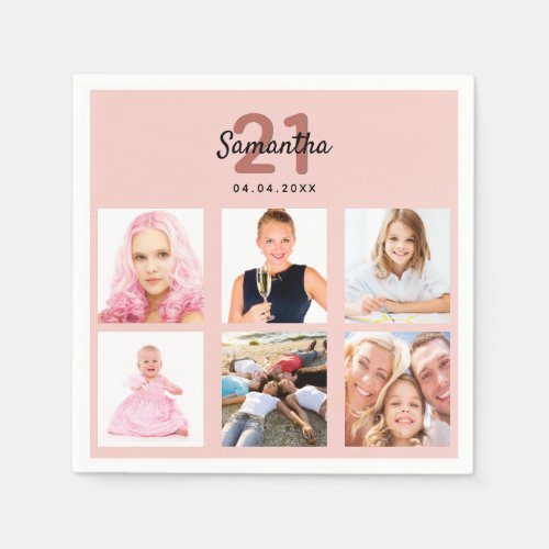 Birthday blush rose gold photo collage napkins