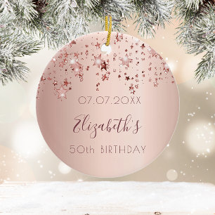 Birthday blush rose gold shiny stars glittery ceramic ornament
