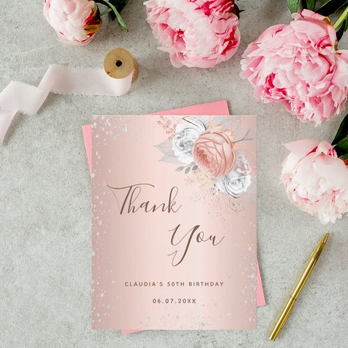 Birthday blush rose gold silver glitter floral thank you card