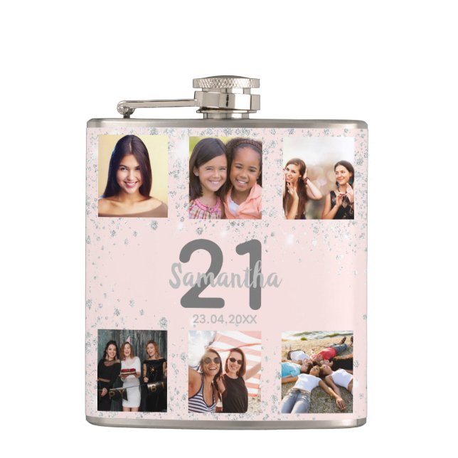 Birthday blush silver glitter photo collage name flask (Front)