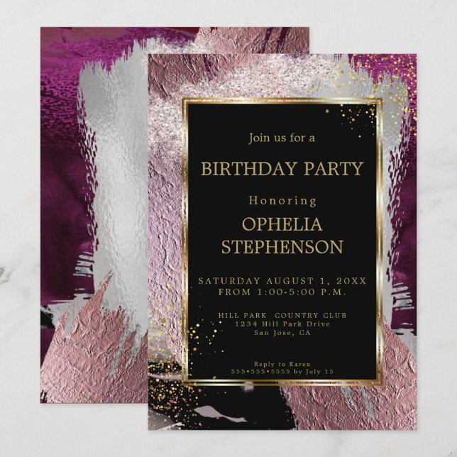 Birthday | Bold Faux Metallic Cassis Brush Stroke Invitation (Front/Back)