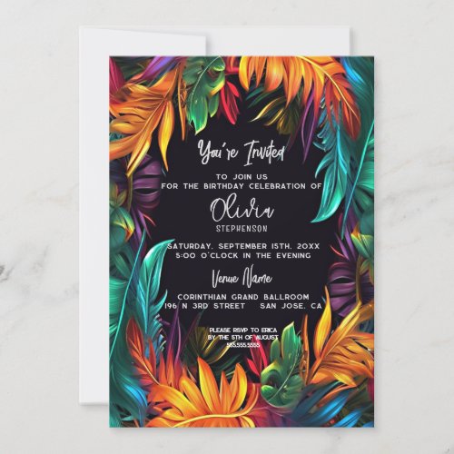 Birthday | Bold Neon Tropical Foliage Invitation