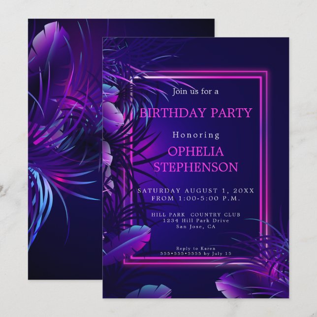 Birthday | Bold Tropical Neon Birthday Invitation (Front/Back)