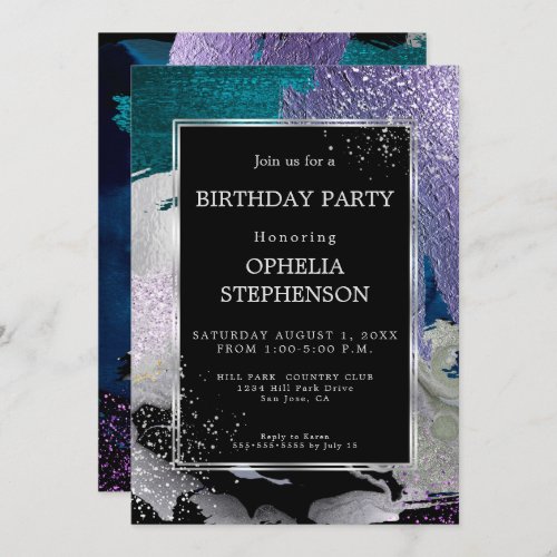 Birthday  Bold Violet Teal Brush Strokes Invitation