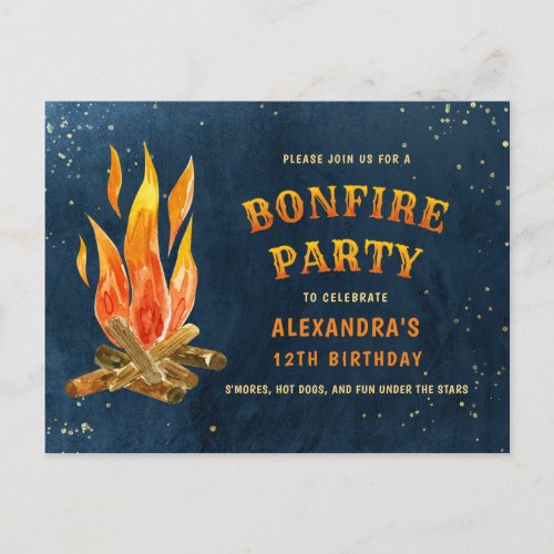 Birthday Bonfire Party Watercolor Invitation Postcard