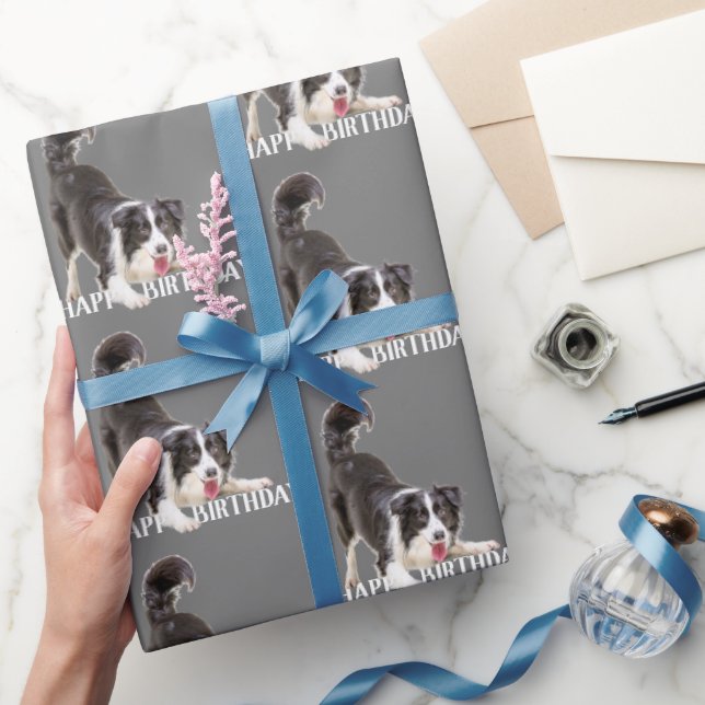 Birthday Border Collie on Gray Wrapping Paper (Gifting)