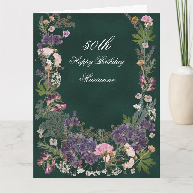 Birthday Botanical Floral on Moody Forest Green Card (Front)