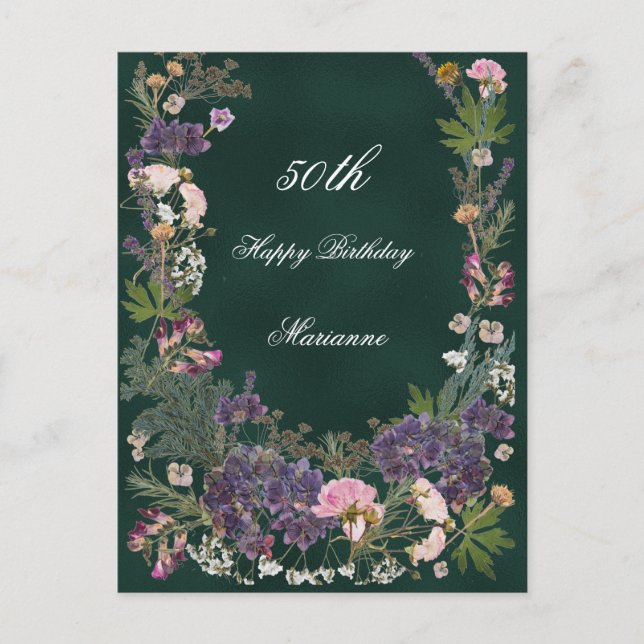 Birthday Botanical Floral on Moody Forest Green Postcard (Front)