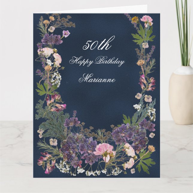 Birthday Botanical Floral on Moody Navy Blue Card (Front)