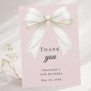Birthday bow dusty blush pink ivory pearls thank you card