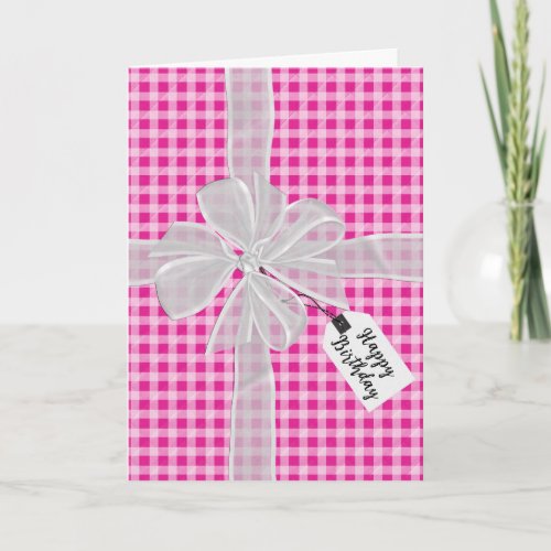 Birthday Bow On Pink Gingham   Card