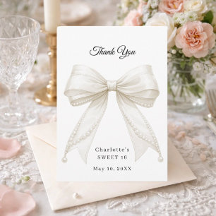 Birthday bow white ivory pearls thank you card