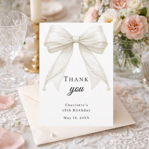 Birthday bow white ivory pearls thank you card