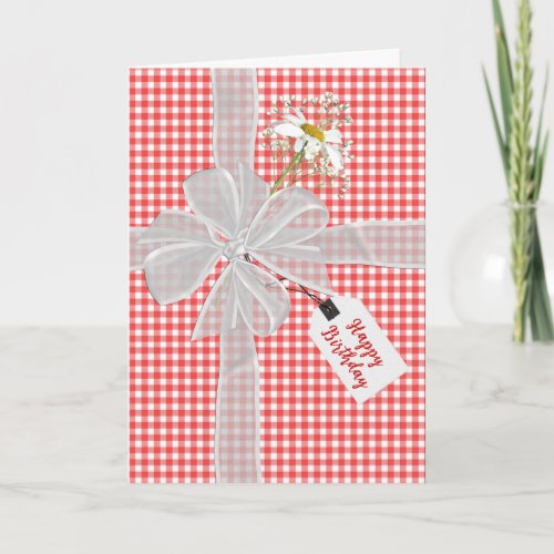 Birthday Bow with Daisy On Gingham Card