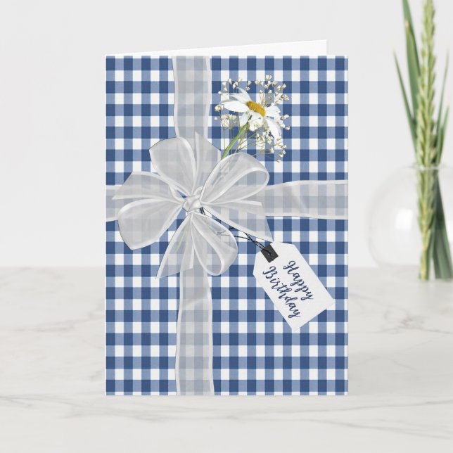 Birthday Bow with Daisy On Gingham Card (Front)