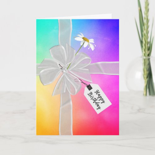 Birthday Bow with Daisy On Rainbow Abstract  Card