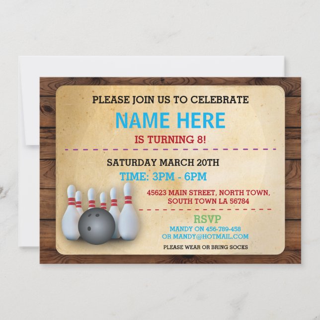 Birthday Bowling Invite Party Invitation Wood (Front)