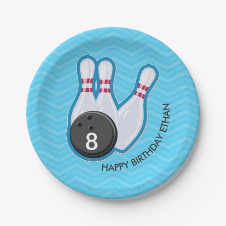 Birthday Bowling Party Chevron Blue Plate