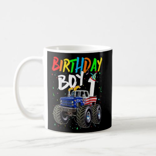 Birthday Boy 1 Year Old Monster Truck Flag 1st Bir Coffee Mug